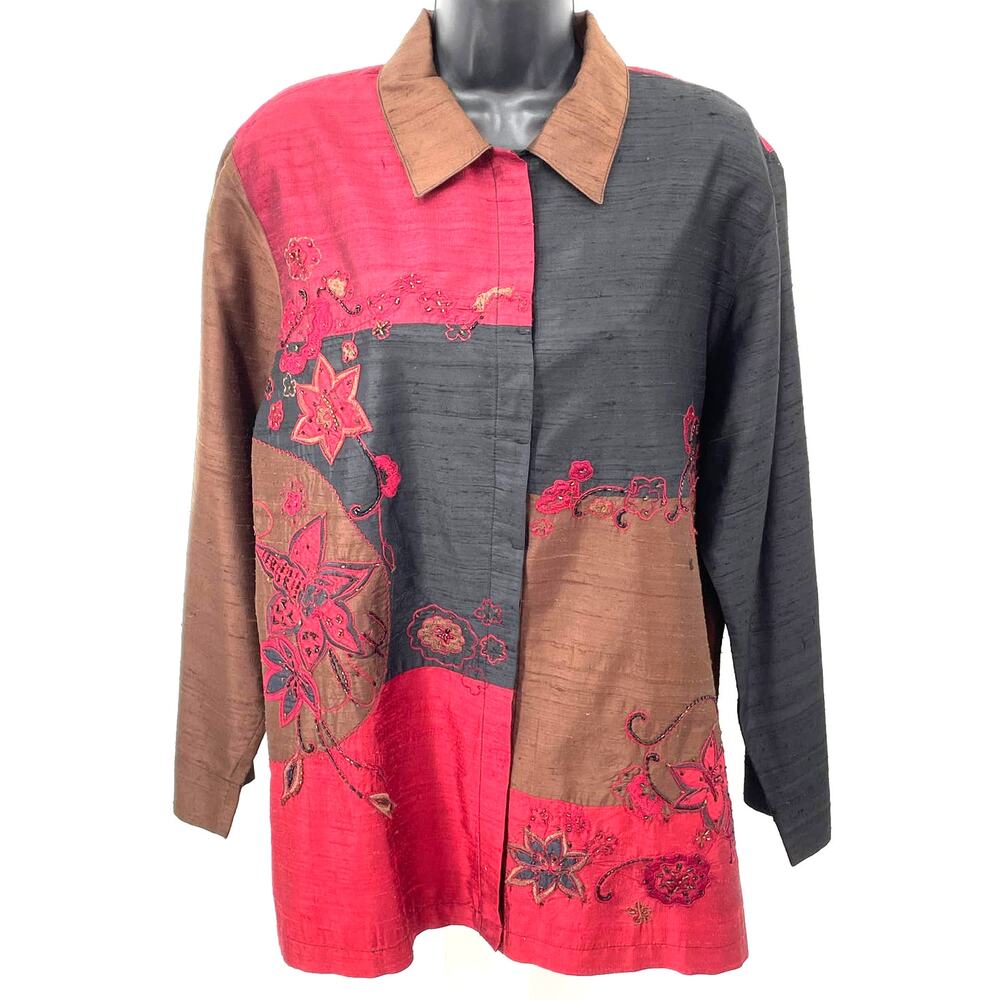 VTG Chico's Design Brown Black & Maroon 100% Silk Embroidered Jacket Size 2